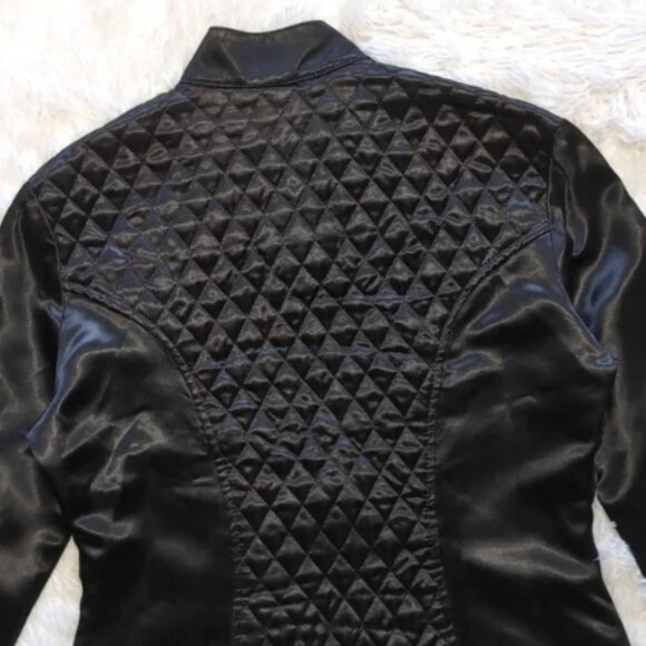 Vintage Lip Service Black Satin Quilted Zip Jacket with Rose Tag - Picture 7 of 14